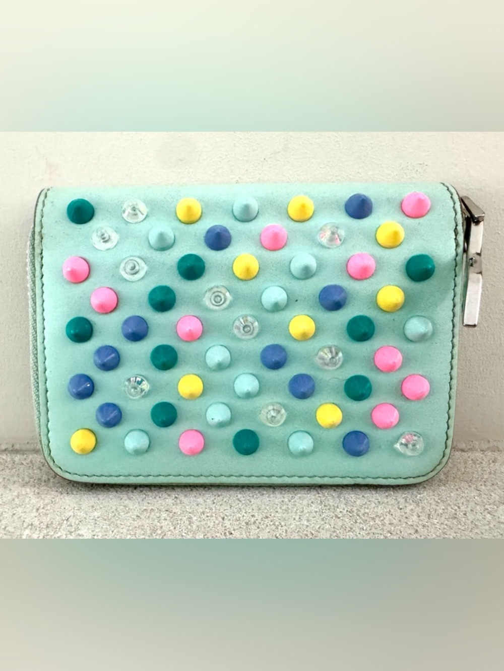 CHRISTIAN LOUBOUTIN Confetti Spike Zip Compact Wallet Multicolor Mini Mint/Blue